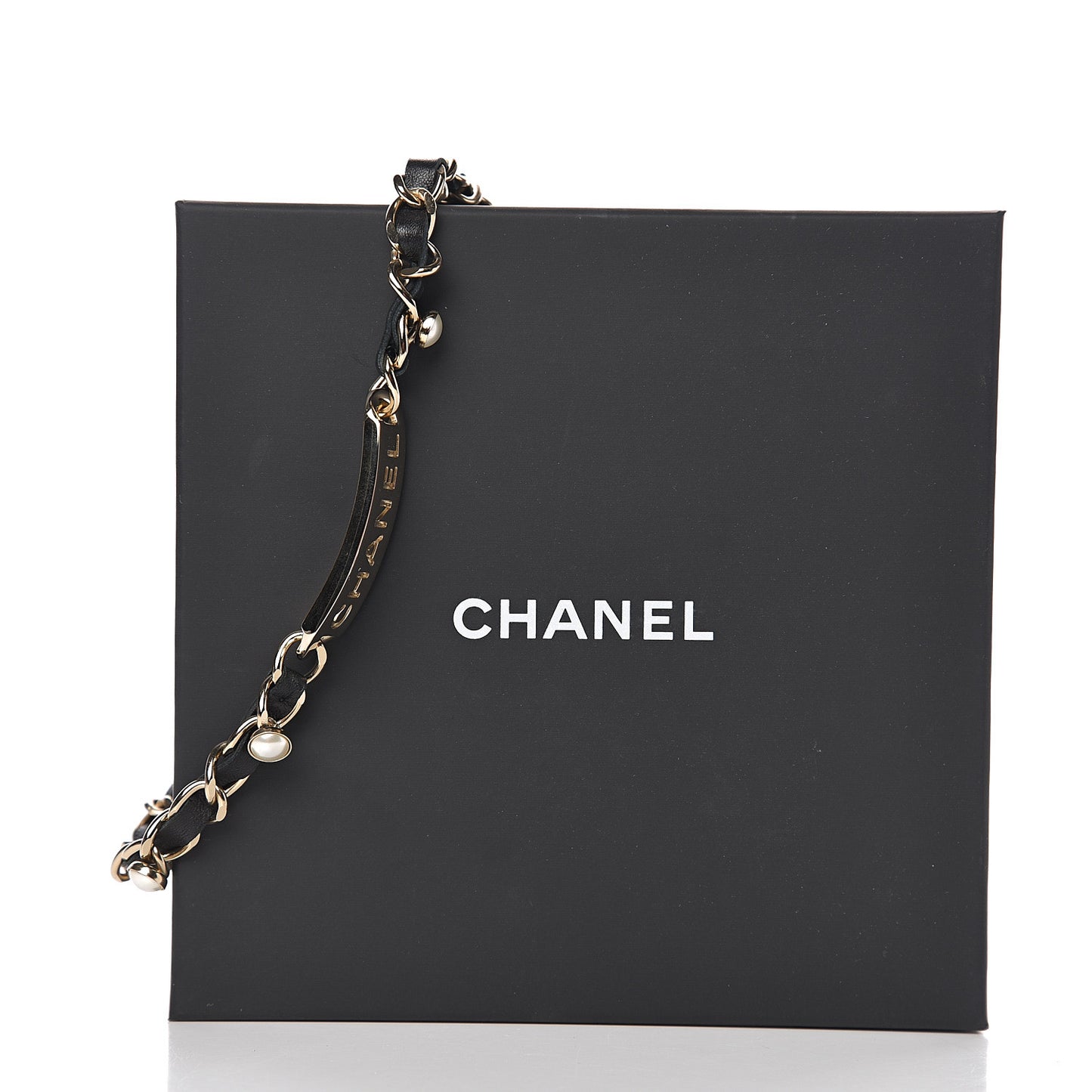 Metal Lambskin Pearl Name Plate Choker Necklace Black Gold