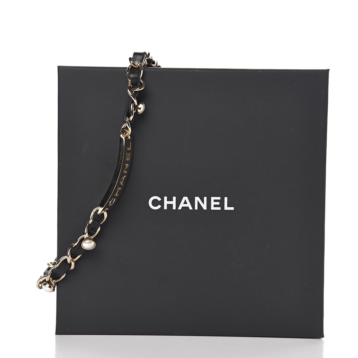 Chanel Metal Lambskin Pearl Name Plate Choker Necklace Black Gold 5 of 5