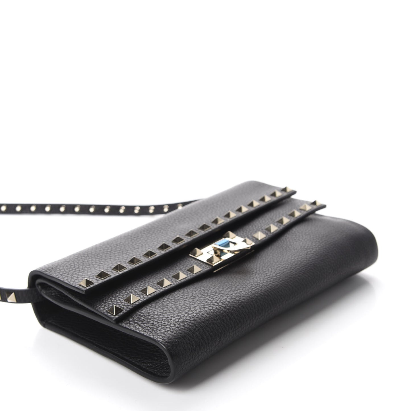 Grainy Calfskin Rockstud Double Flap Crossbody Bag Black