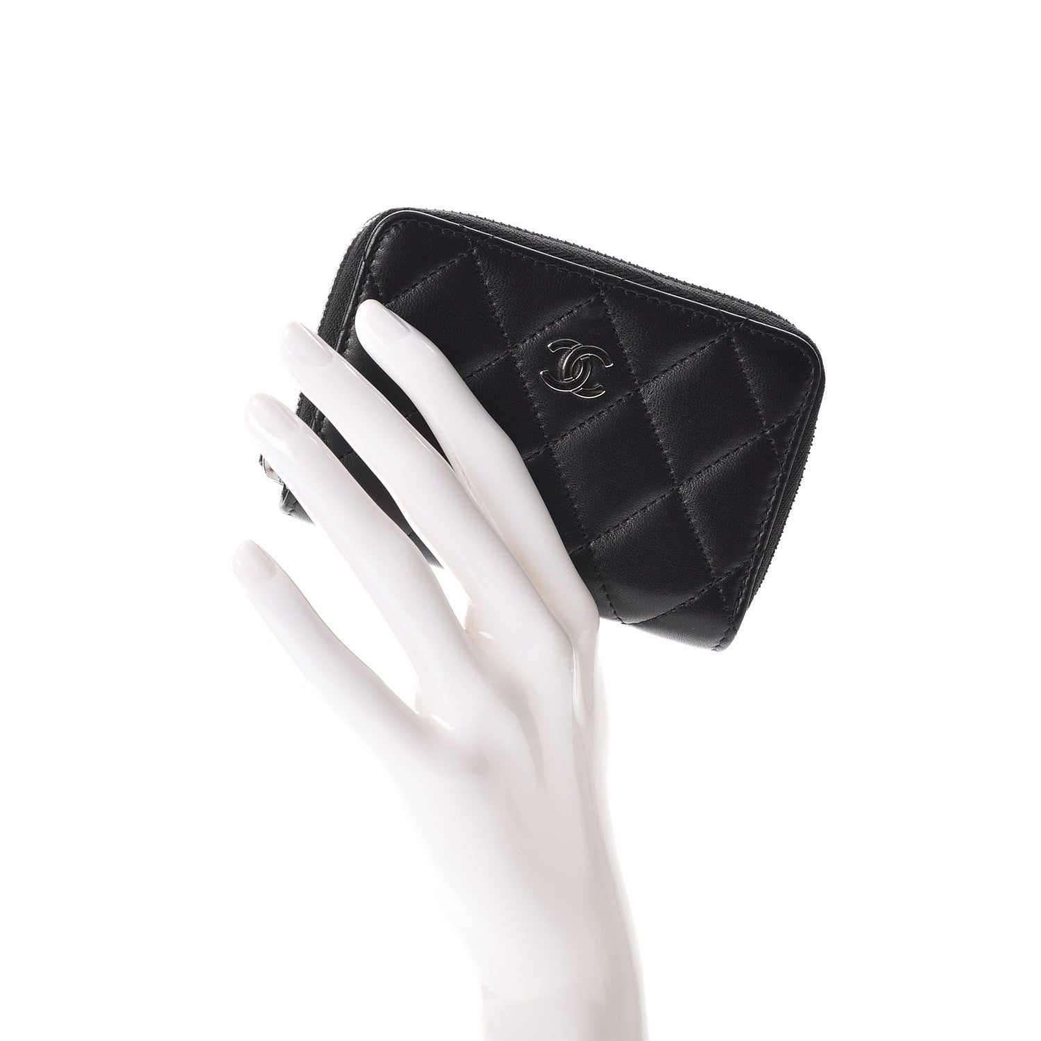 Chanel Lambskin Quilted Zip Around Coin Purse Wallet Black 2 of 8