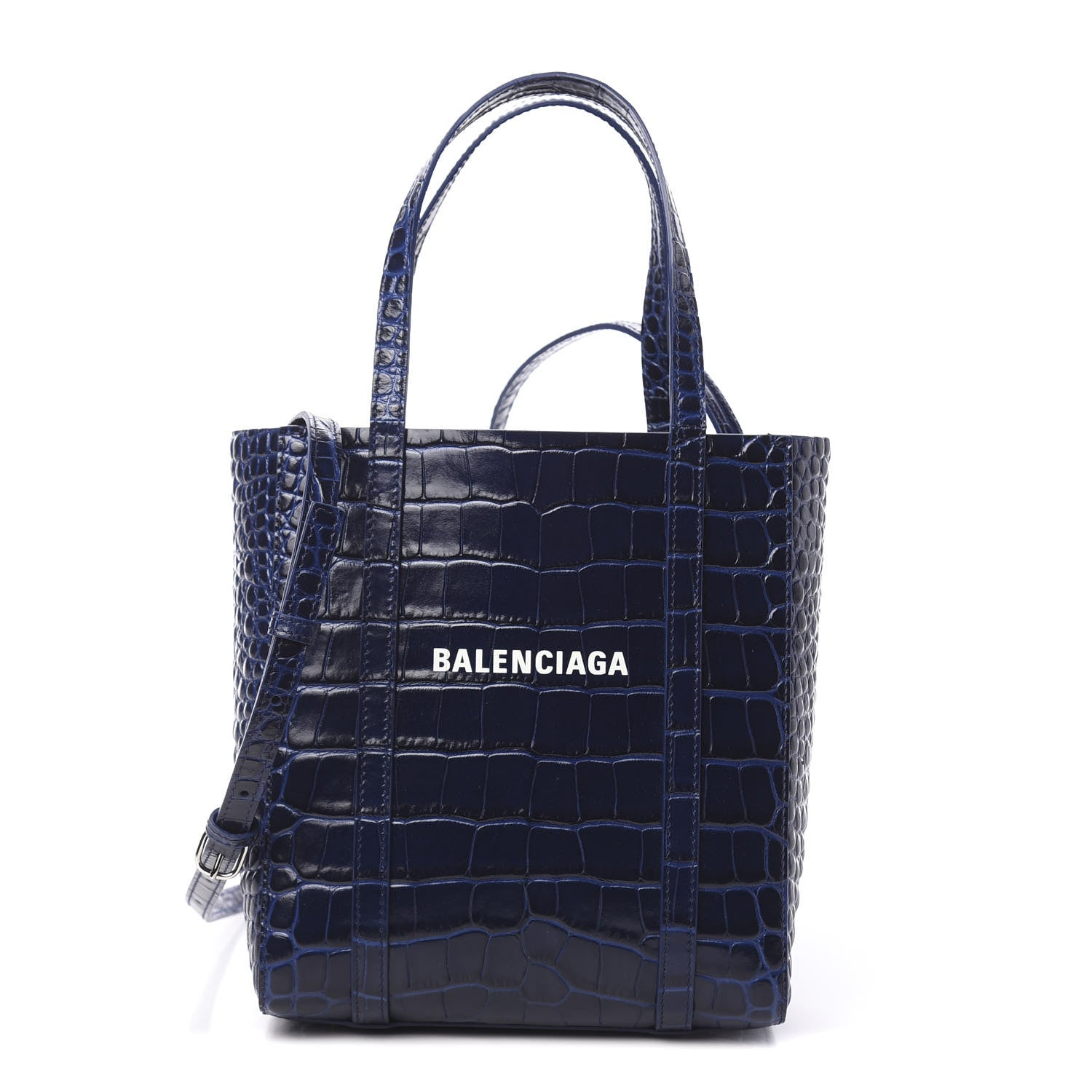 Balenciaga Shiny Calfskin Logo Crocodile Embossed XXS Everyday Tote Indigo 1 of 10