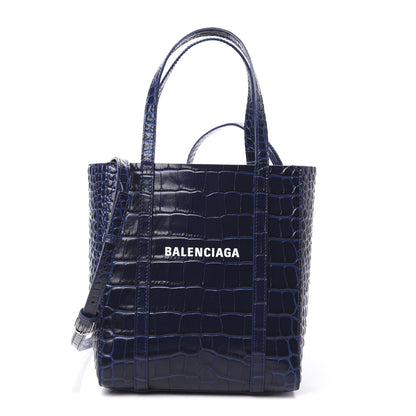 Balenciaga Shiny Calfskin Logo Crocodile Embossed XXS Everyday Tote Indigo 1 of 10