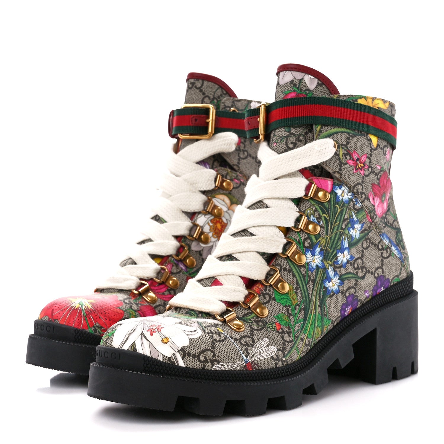 Gucci GG Supreme Monogram Flora Lace Up Combat Ankle Boots 39 Beige Multicolor Red 3 of 10