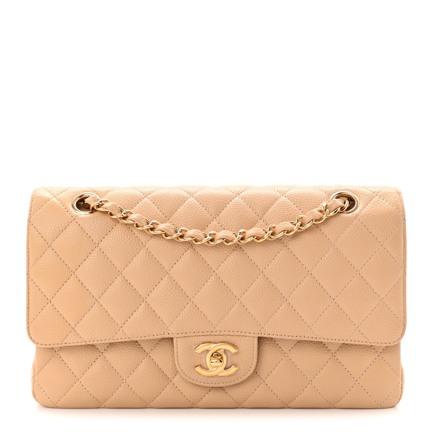 Caviar Quilted Medium Double Flap Beige