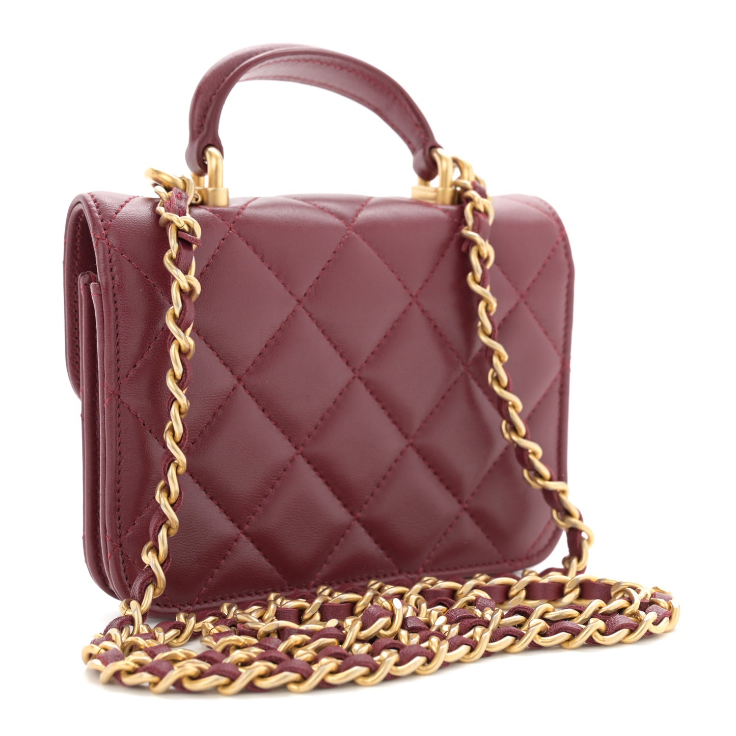 Lambskin Quilted Top Handle Flap Coin Purse With Chain Burgundy