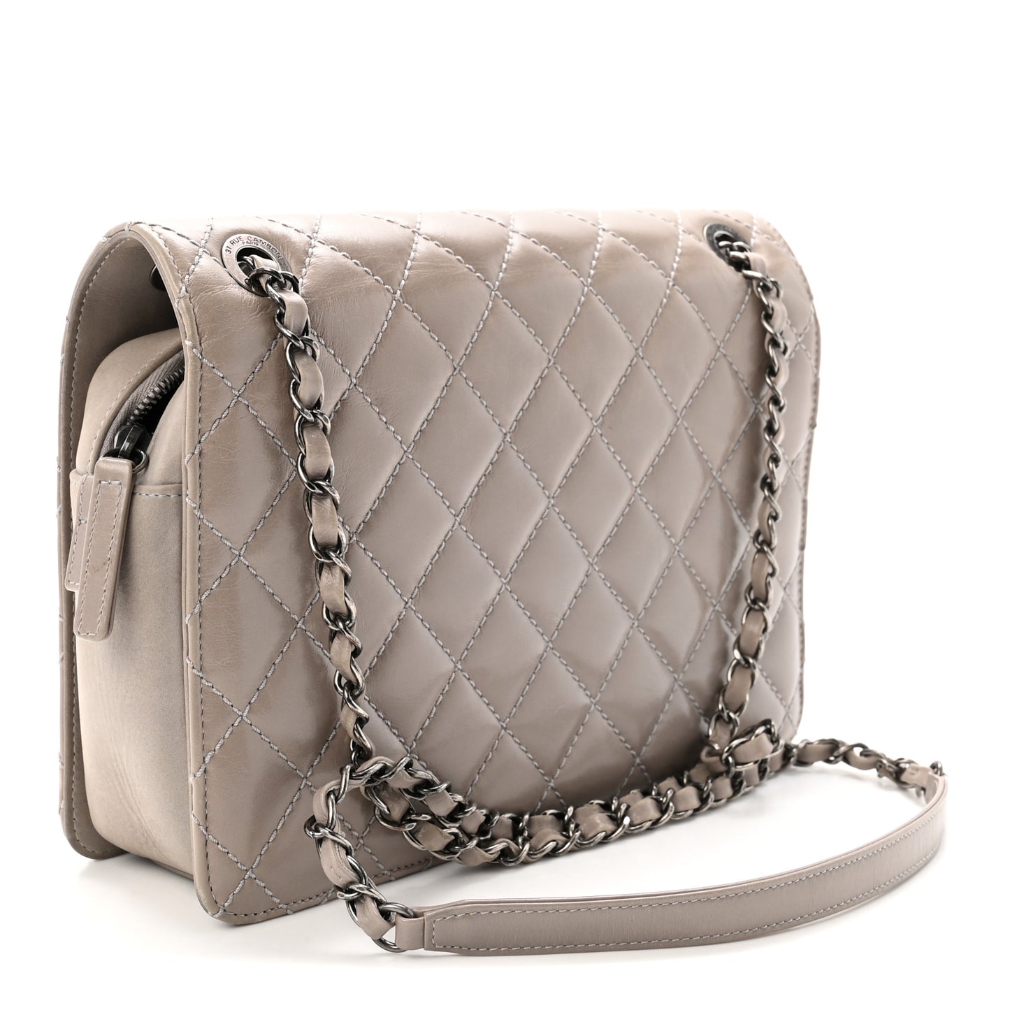 Glazed Calfskin Quilted Medium Day Trip Flap Grey