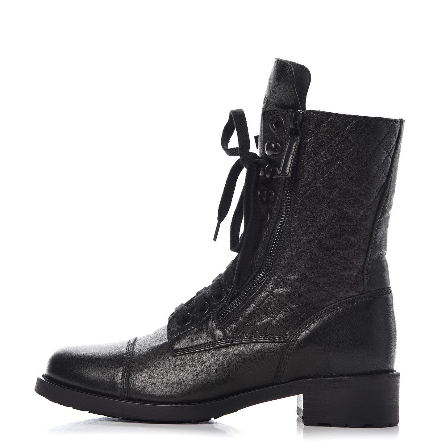 Calfskin Quilted Cap Toe Combat Boots 38.5 Black