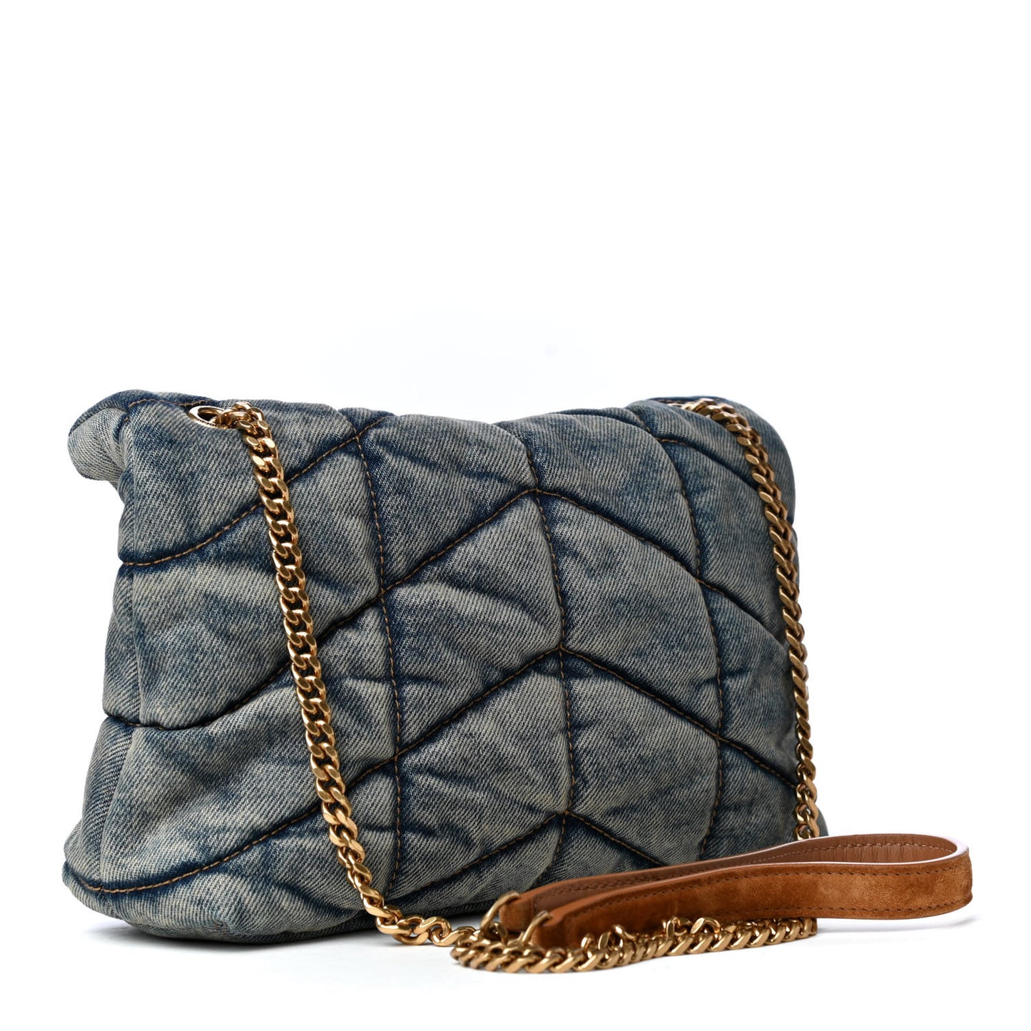 Denim Quilted Toy Loulou Puffer Monogram Chain Satchel Blue Cinnamon