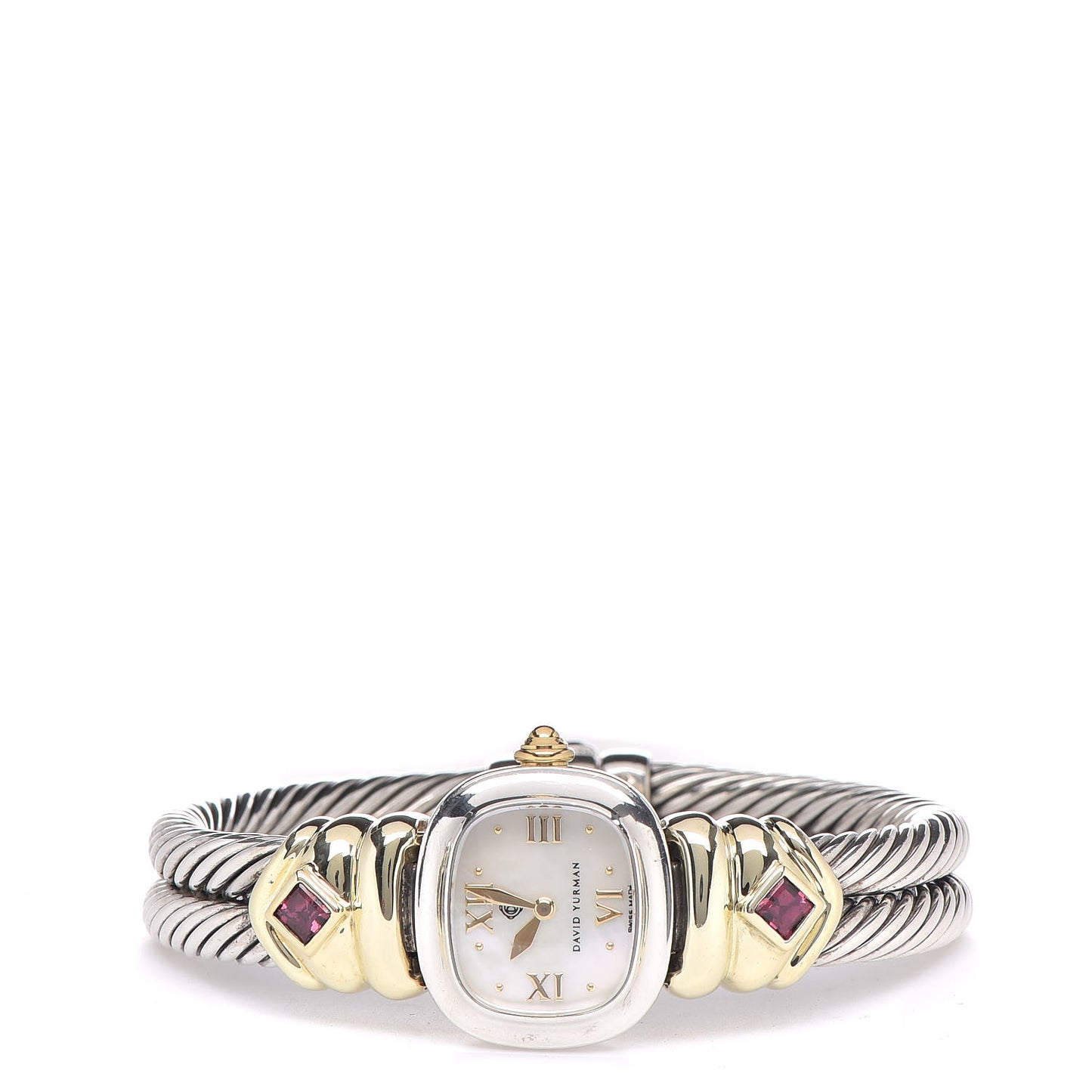 Sterling Silver 14K Yellow Gold Mother of Pearl Garnet 21mm Classic Cable Quartz Watch