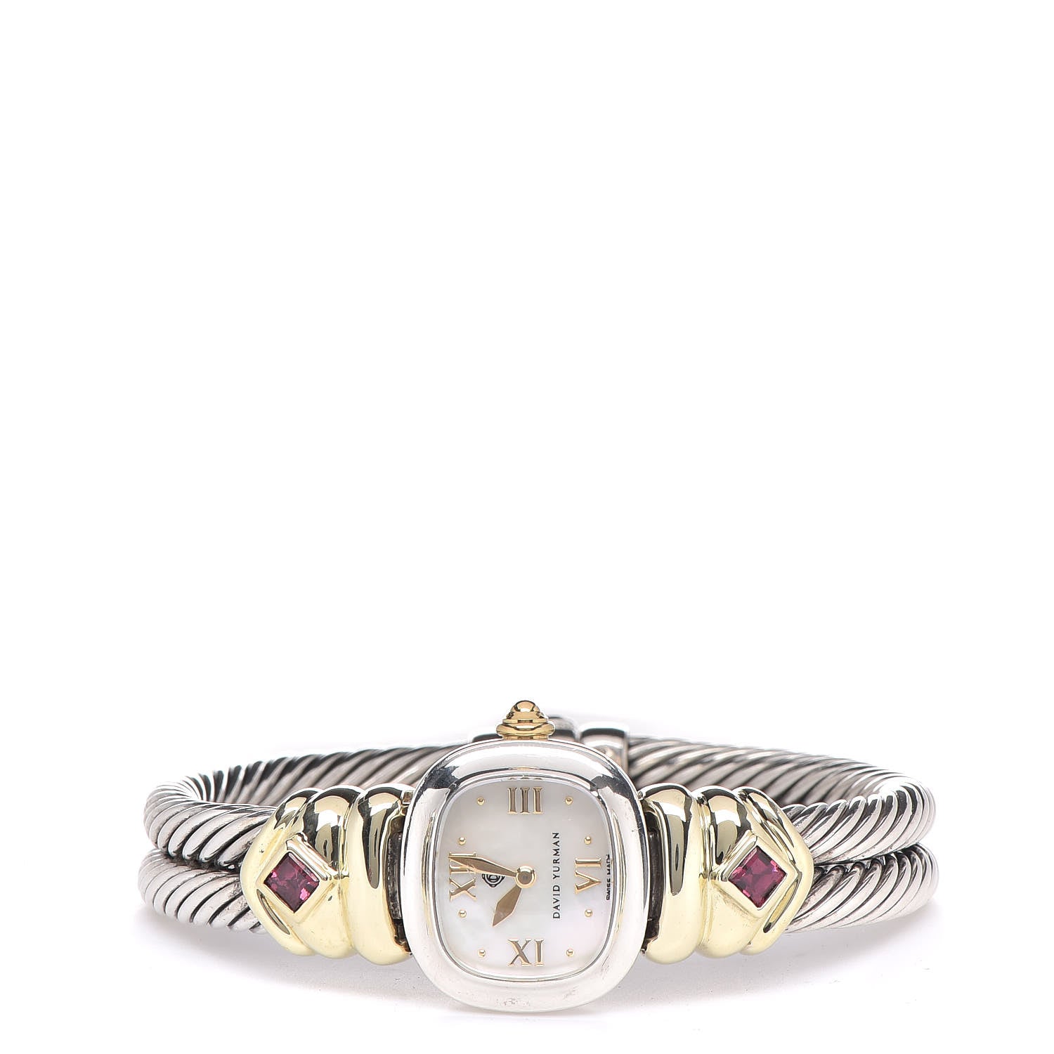 David Yurman Sterling Silver 14K Yellow Gold Mother of Pearl Garnet 21mm Classic Cable Quartz Watch 3 of 8