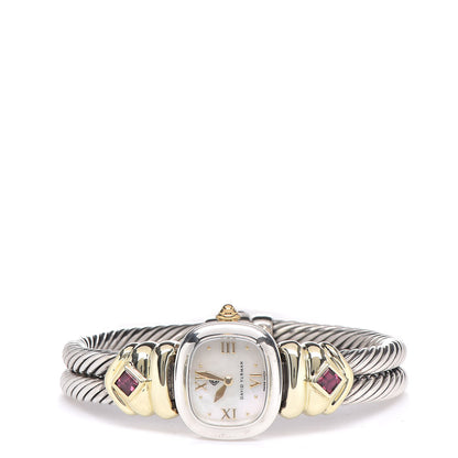 David Yurman Sterling Silver 14K Yellow Gold Mother of Pearl Garnet 21mm Classic Cable Quartz Watch 3 of 8