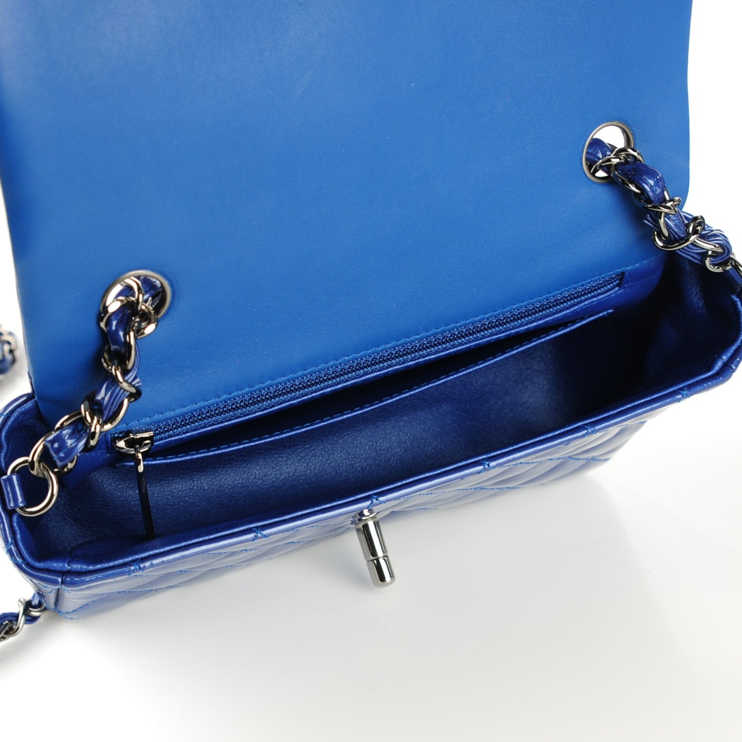 Patent Calfskin Quilted Mini Rectangular Flap Dark Blue
