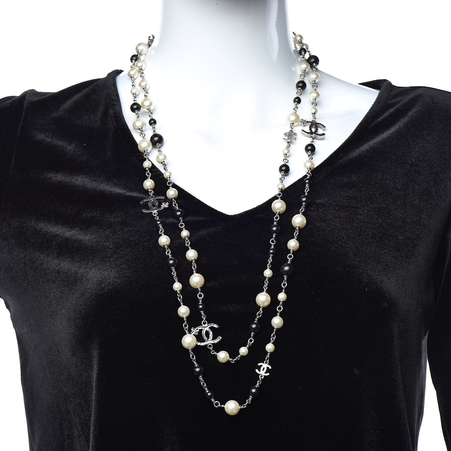 Chanel Pearl Bead Enamel CC Long Necklace Black Silver 2 of 4