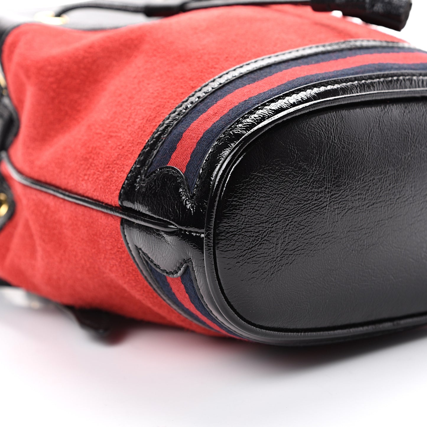 Suede Patent Web Small Ophidia Bucket Bag Hibiscus Red Black