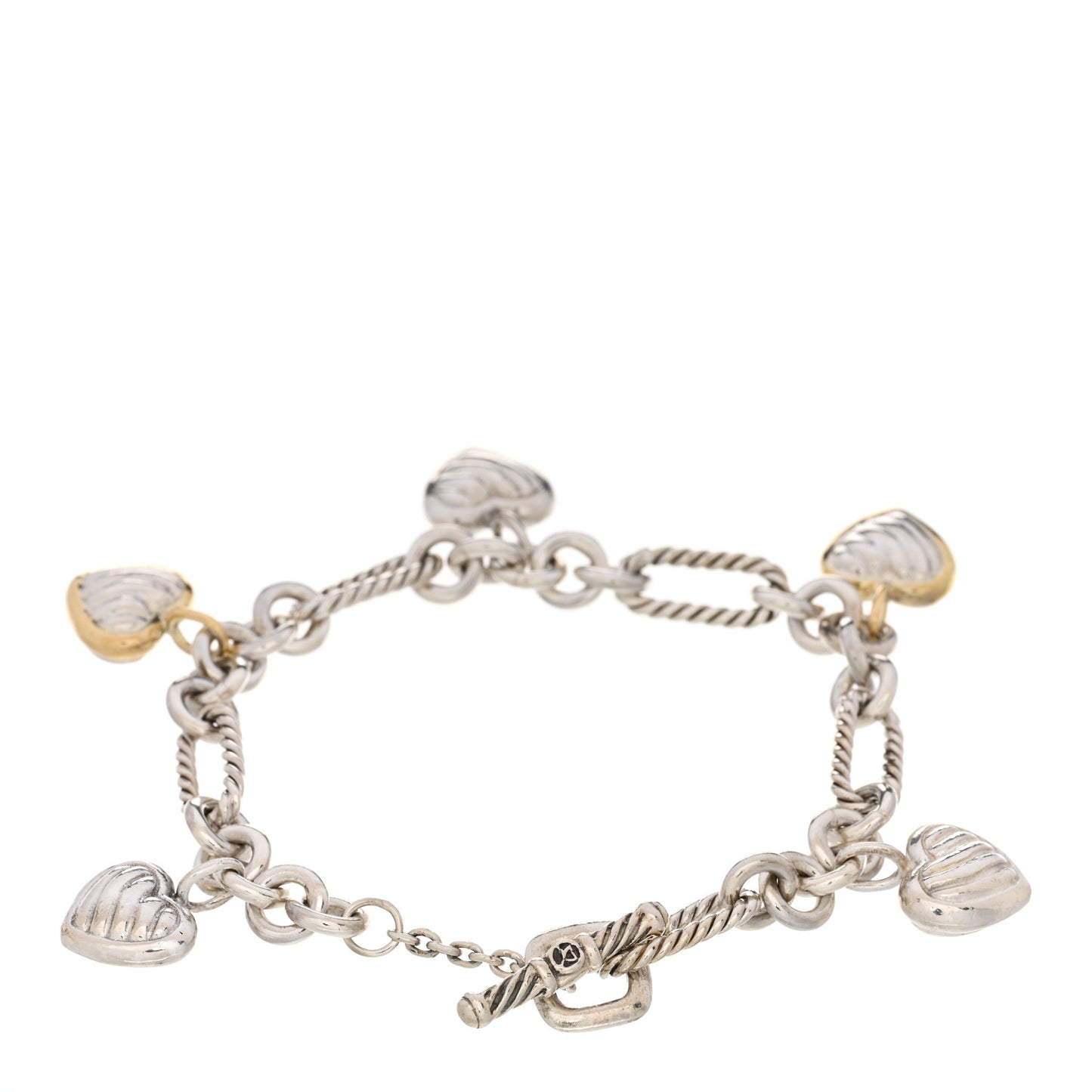 Sterling Silver 18K Yellow Gold Cable Heart 5 Charm Bracelet
