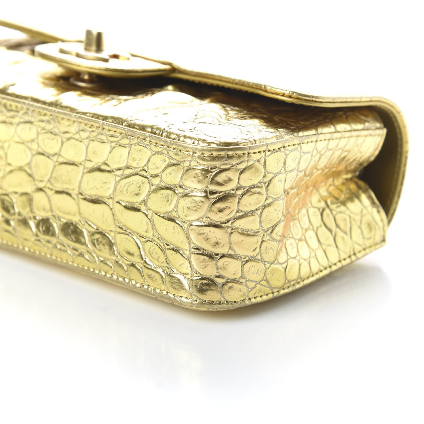 Metallic Calfskin Crocodile Embossed Cocodile Rectangular Mini Flap Gold