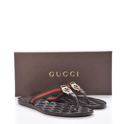 Gucci Nylon Calfskin Web GG Monogram Womens Thong Sandals 37 Green Red Cocoa 10 of 10