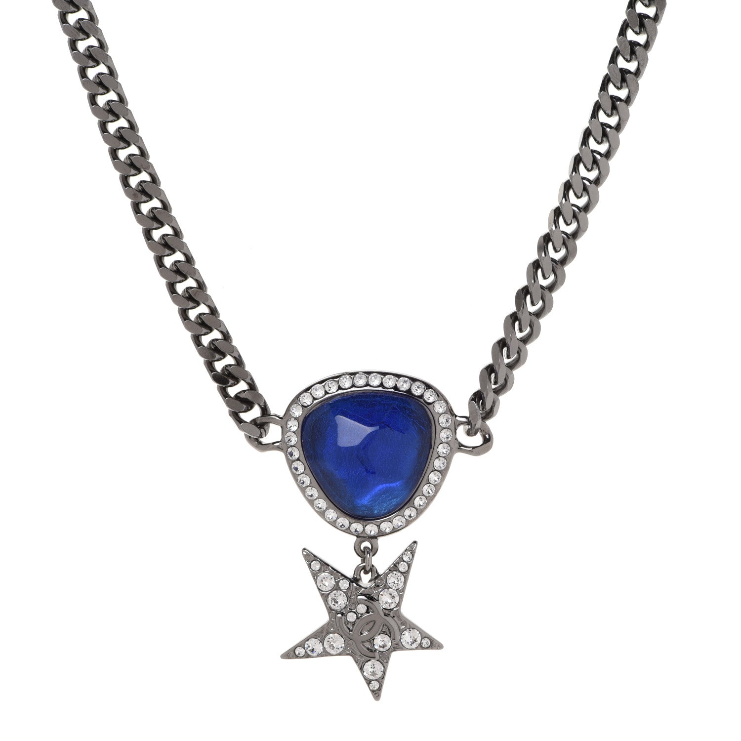 Chanel Crystal Star CC Choker Drop Necklace Silver Blue 1 of 6