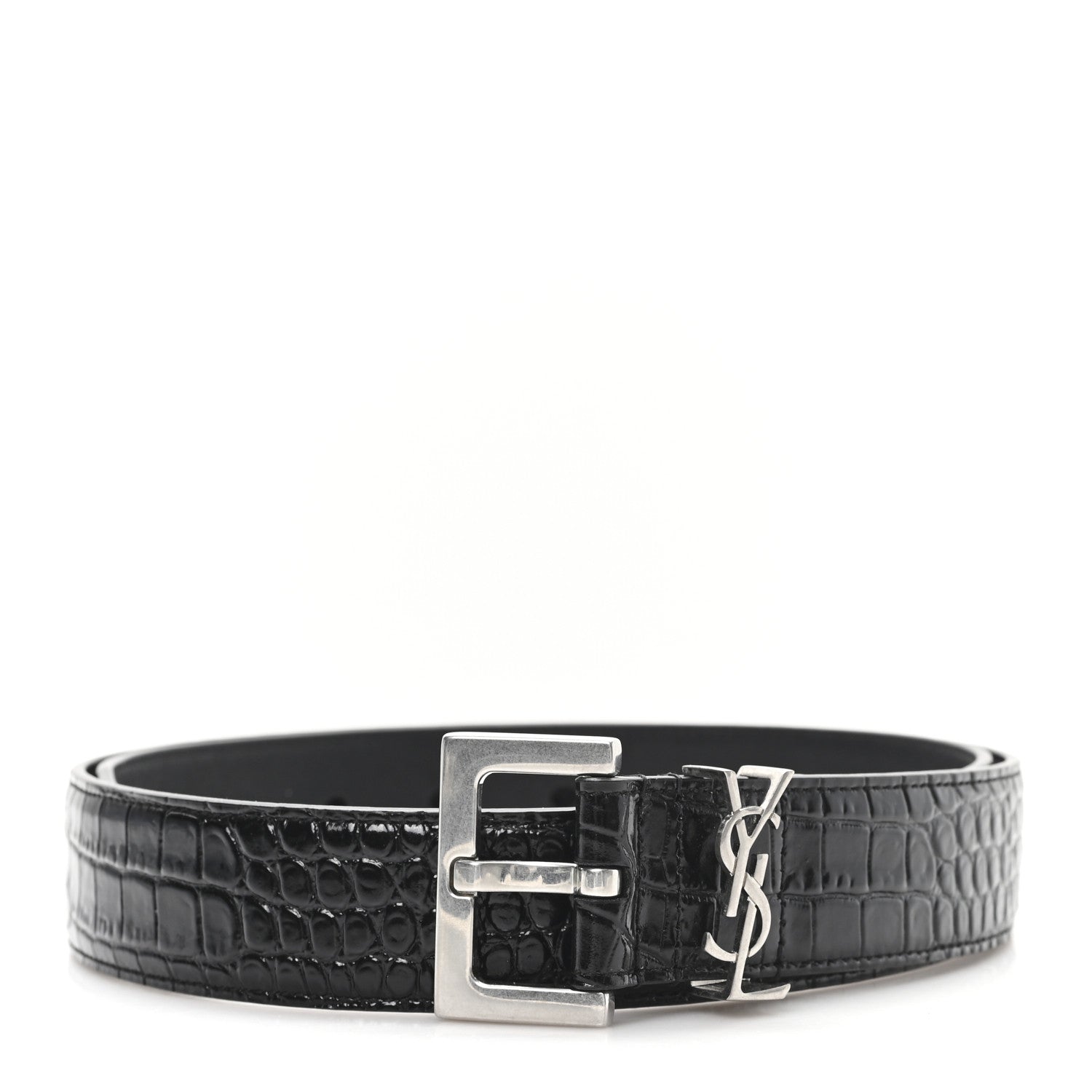 Saint Laurent Calfskin Crocodile Embossed Monogram Square Buckle Belt 85 34 Black 1 of 5