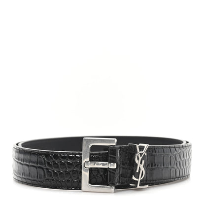 Saint Laurent Calfskin Crocodile Embossed Monogram Square Buckle Belt 85 34 Black 1 of 5