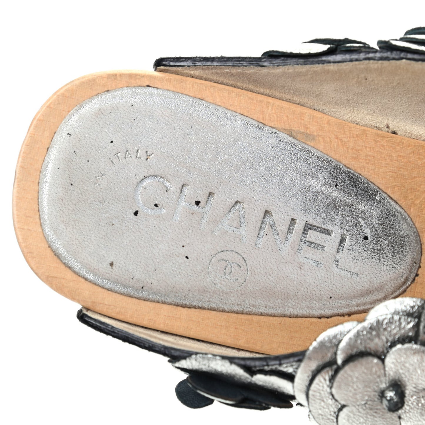 Metallic Crumpled Lambskin Wooden Camellia Mules 37.5 Silver