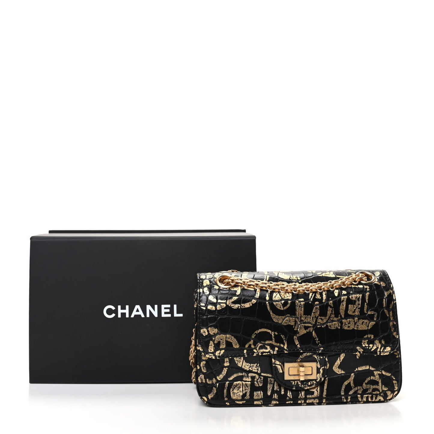 Calfskin Crocodile Embossed Graffiti 2.55 Mini Cocodile Reissue Flap Black Gold