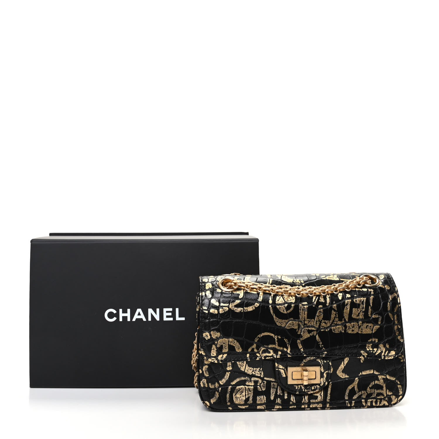 Chanel Calfskin Crocodile Embossed Graffiti 2.55 Mini Cocodile Reissue Flap Black Gold 10 of 10