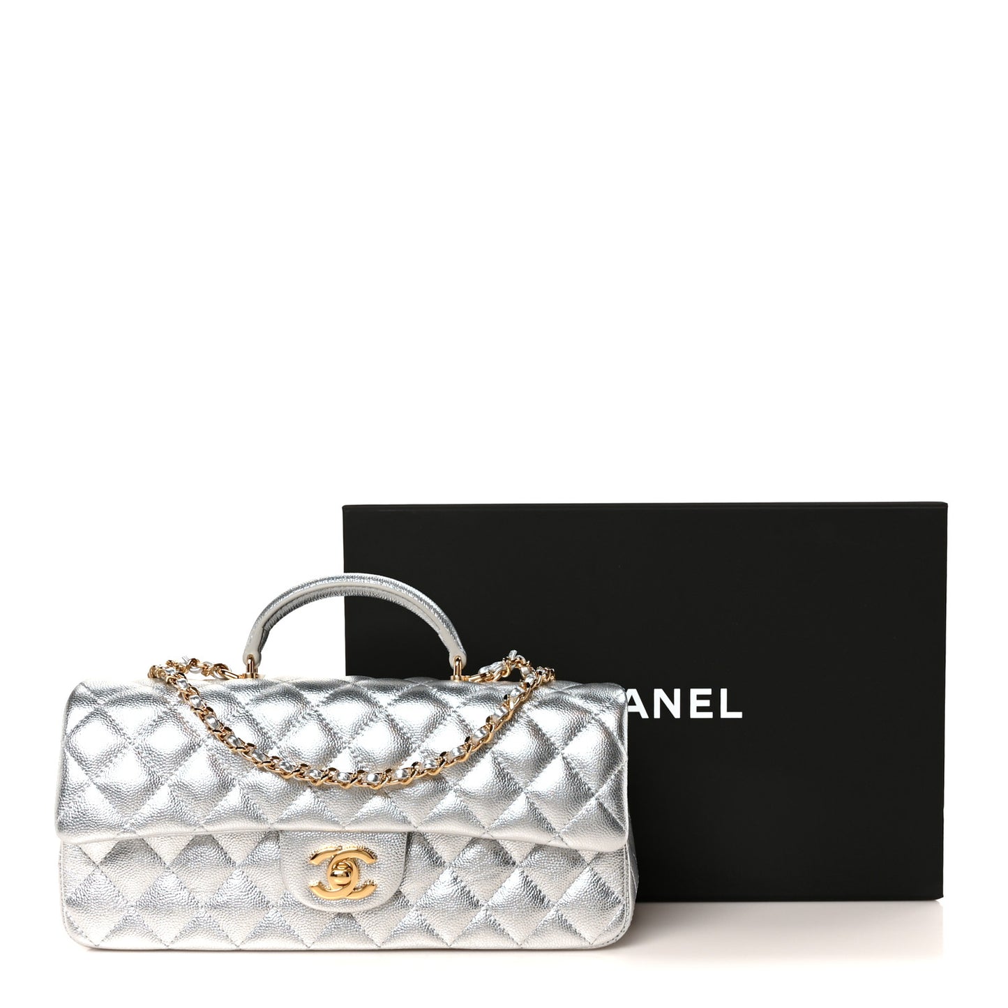 Metallic Caviar Quilted Top Handle East West Flap Silver
