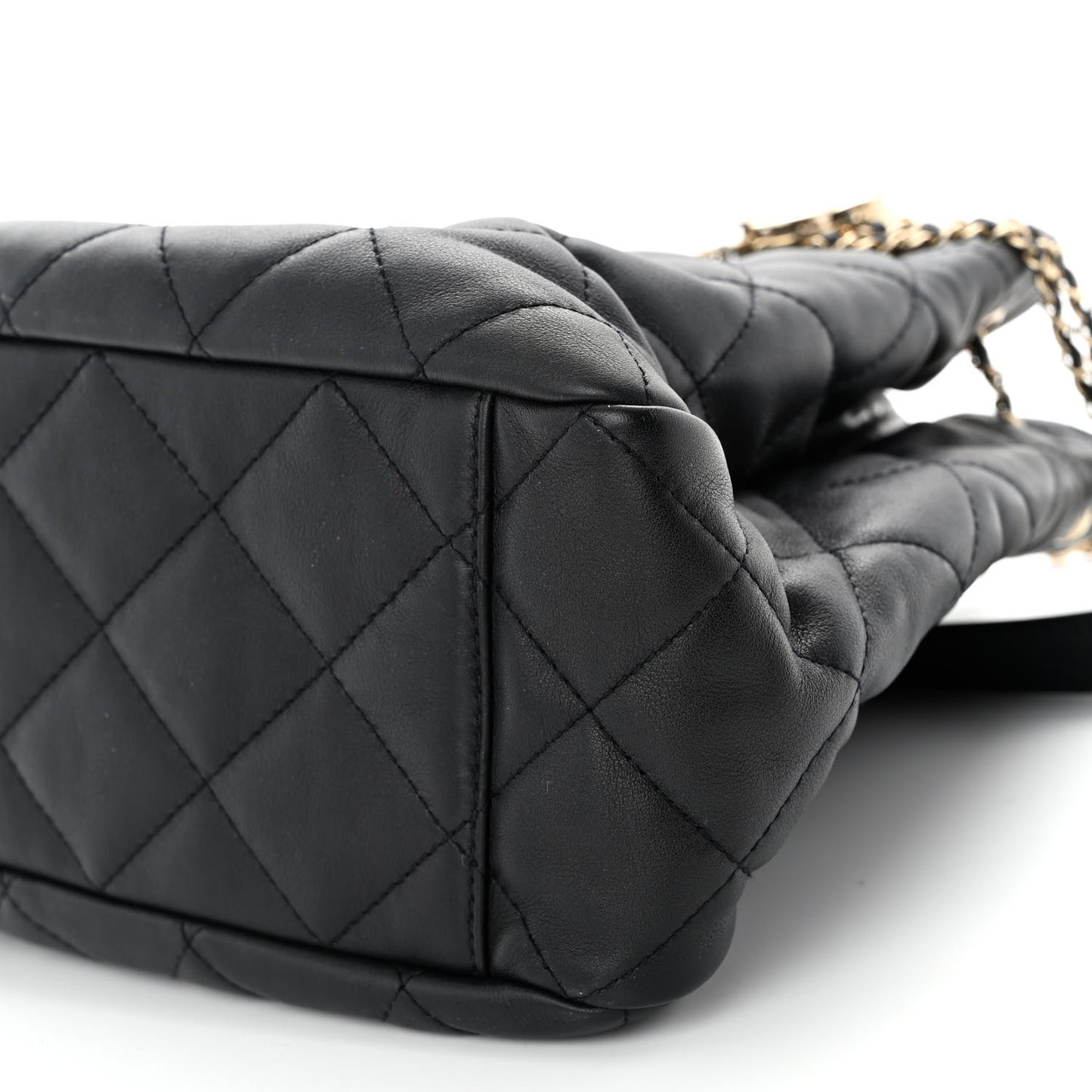Lambskin Quilted Chain Drawstring Bag Black