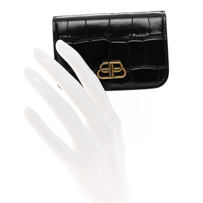 Balenciaga Shiny Calfskin Crocodile Embossed Mini BB Card Case Wallet Black 2 of 8