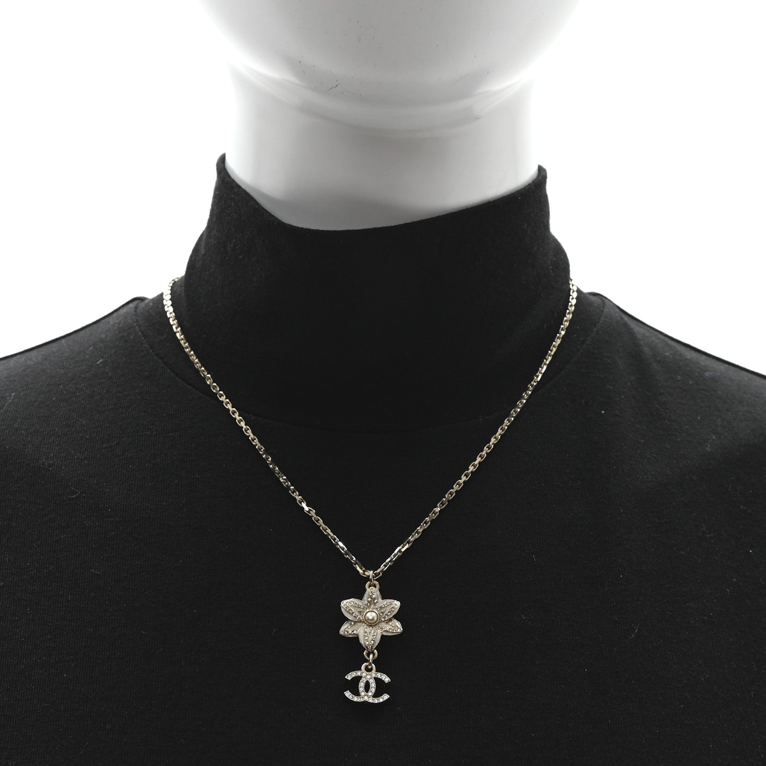 Chanel Crystal CC Flower Drop Necklace White 2 of 5