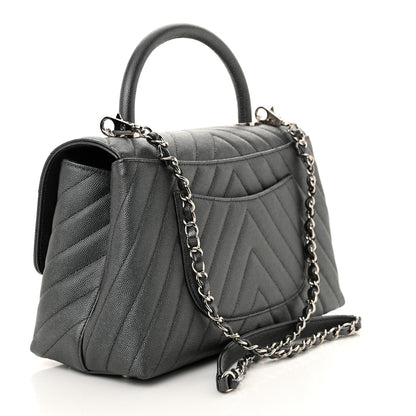 Chanel Metallic Caviar Chevron Quilted Small Coco Handle Flap Dark Silver 3 of 10