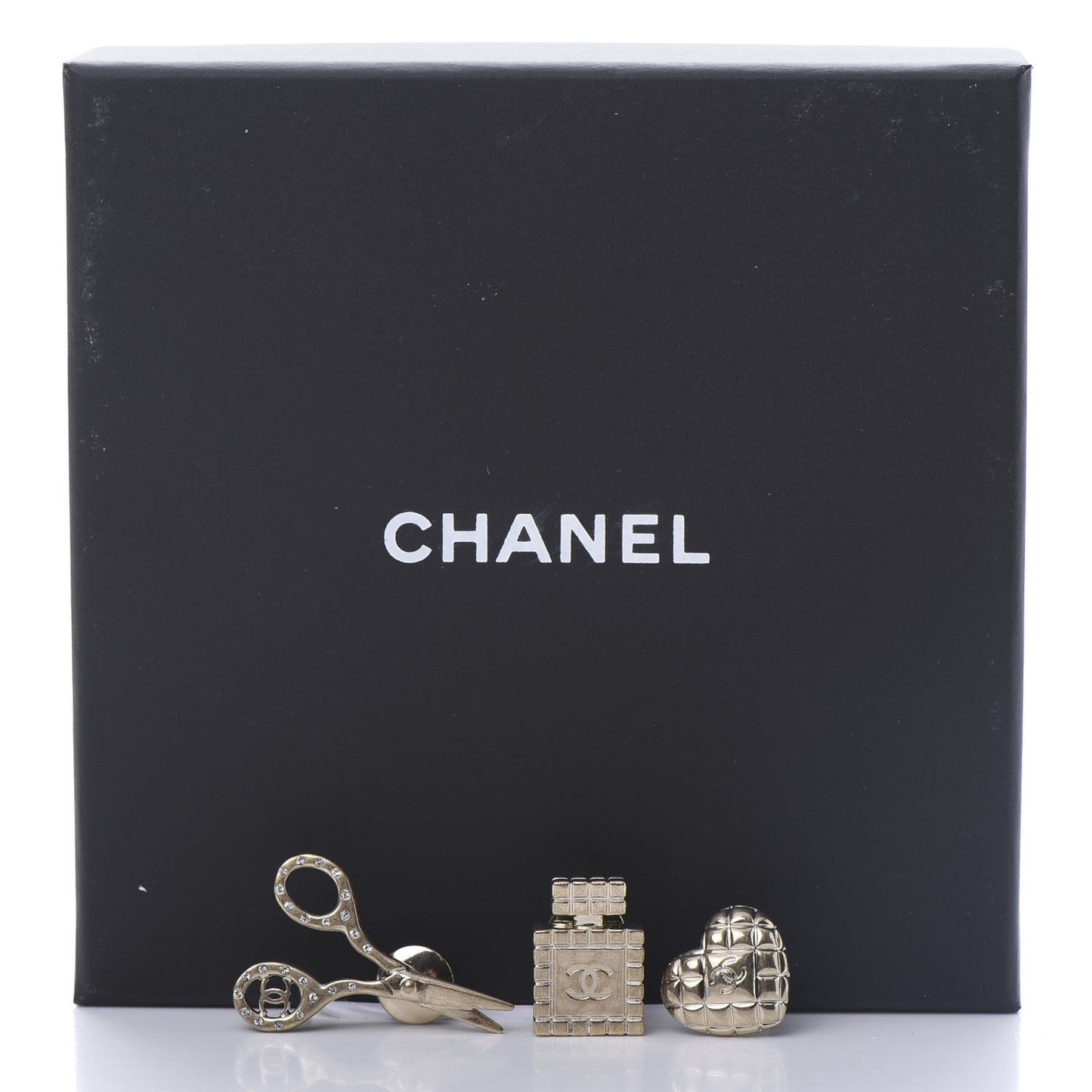 Metal Strass Crystal Quilted CC Heart Scissors Perfume Brooch Set Gold