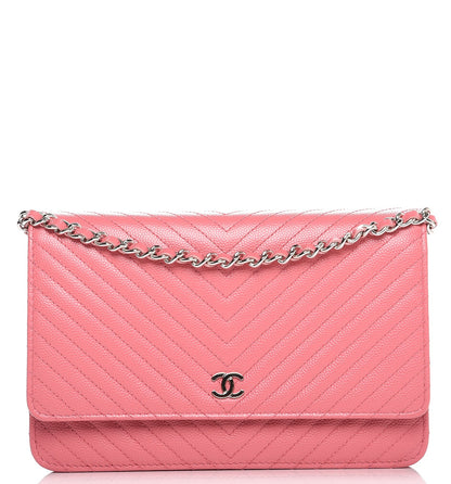 Chanel Caviar Chevron Quilted Wallet On Chain WOC Pink 1 of 8