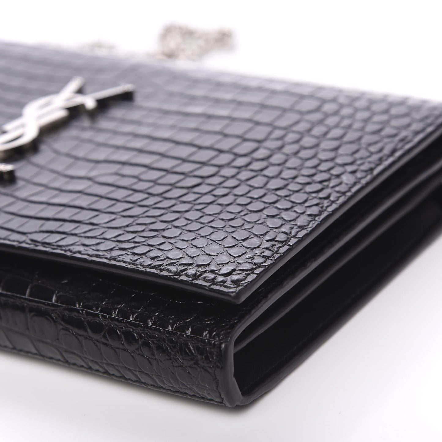 Crocodile Embossed Calfskin Monogram Chain Wallet Black
