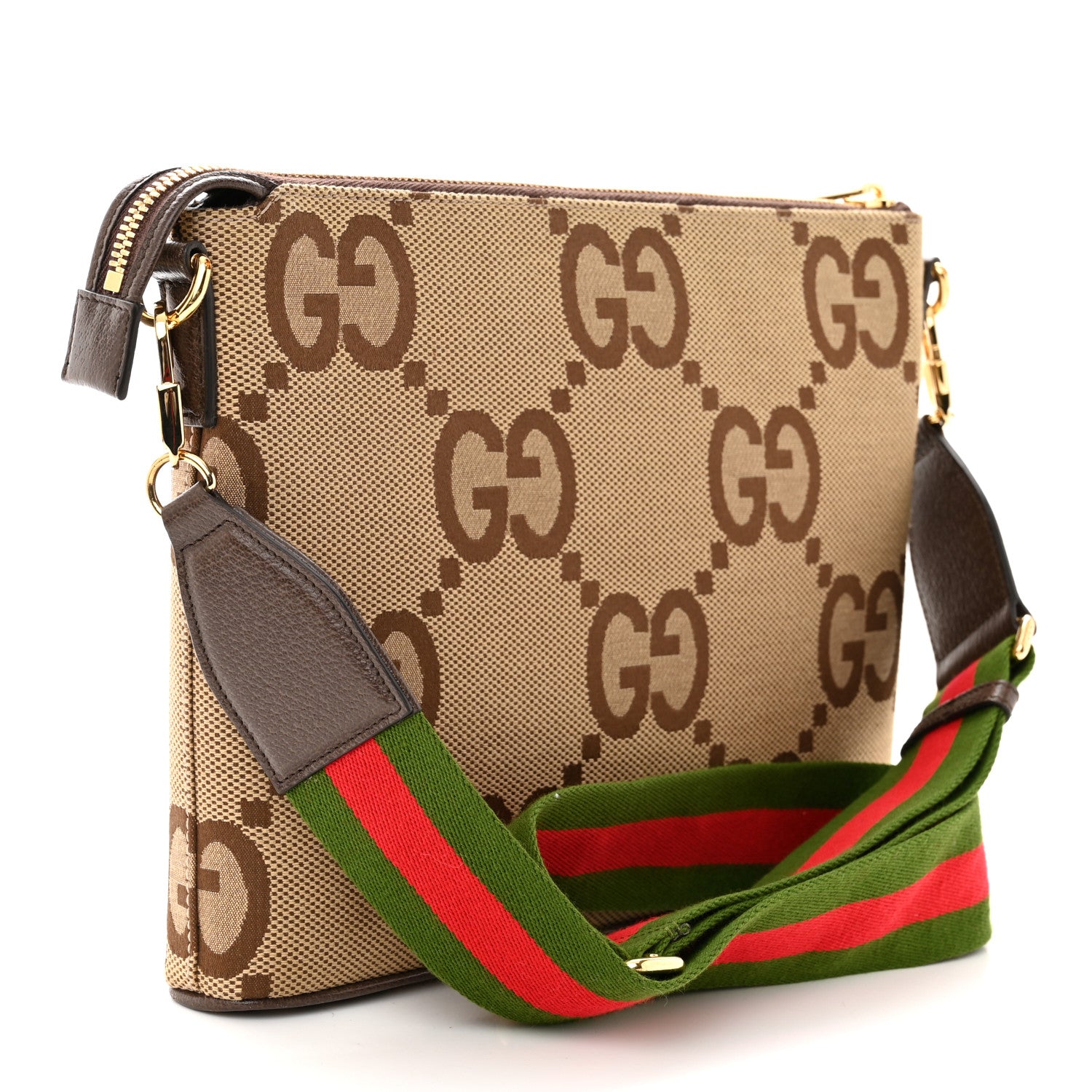 Gucci Monogram Jumbo GG Textured Dollar Calfskin Web Wristlet Messenger Bag Camel Ebony New Acero 2 of 9