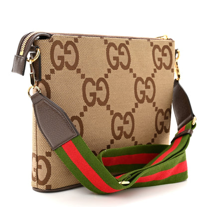 Gucci Monogram Jumbo GG Textured Dollar Calfskin Web Wristlet Messenger Bag Camel Ebony New Acero 2 of 9