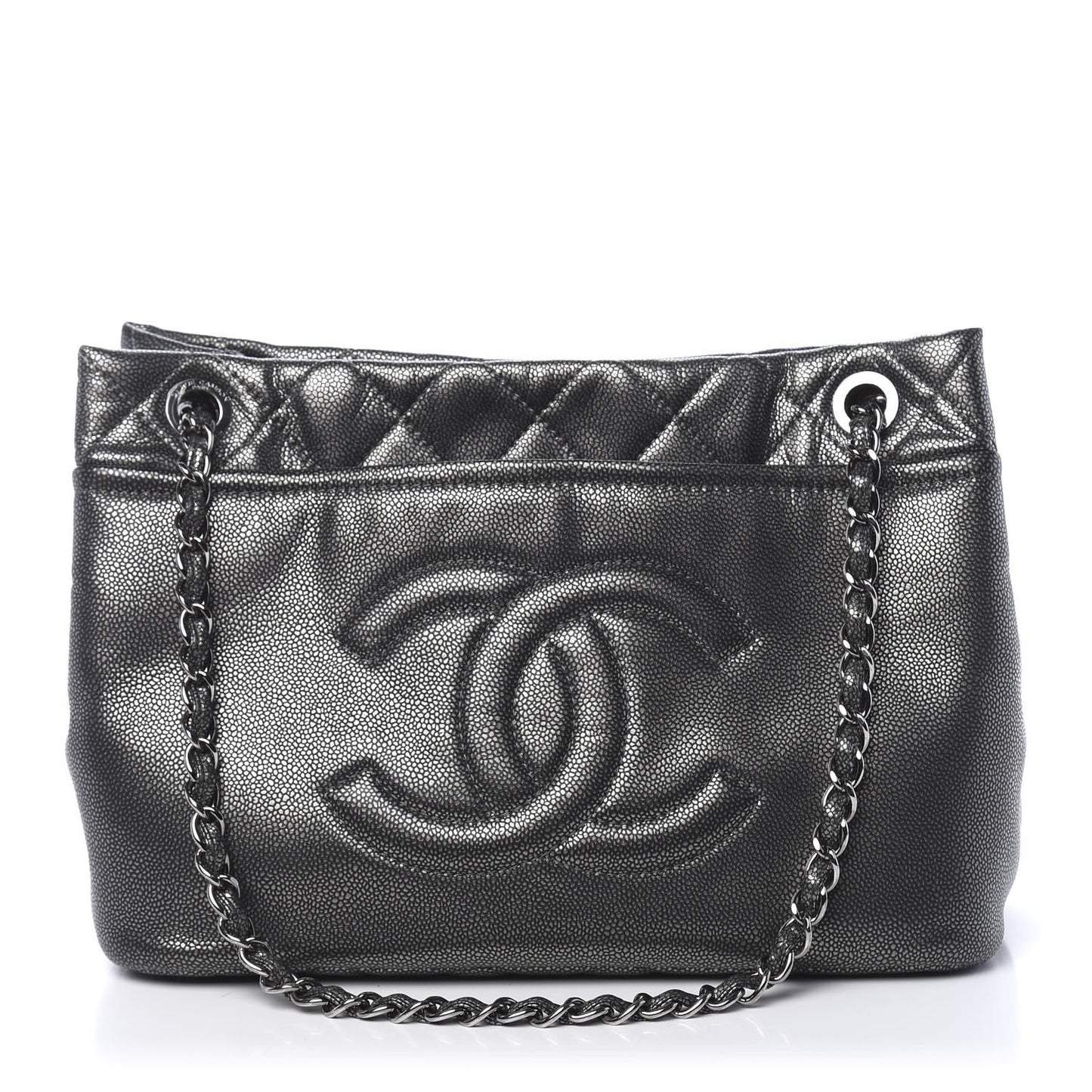 Metallic Caviar Quilted CC Timeless Tote Dark Silver