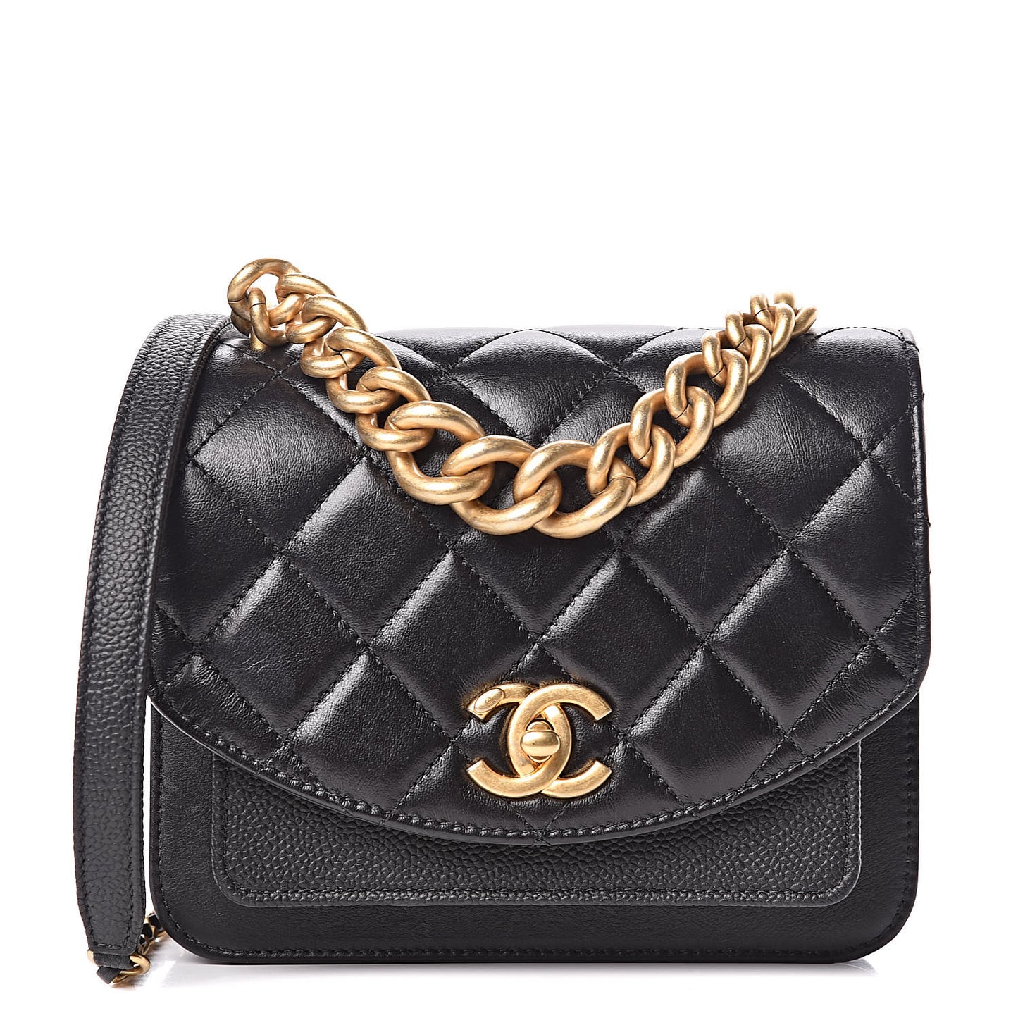 Calfskin Caviar Quilted Mini Chain Handle Flap Black
