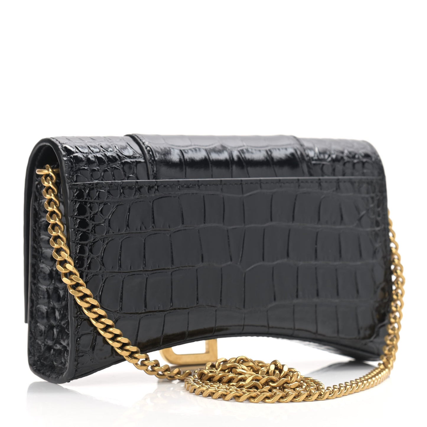 Shiny Calfskin Crocodile Embossed Hourglass Chain Bag Black