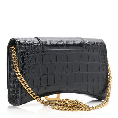 Balenciaga Shiny Calfskin Crocodile Embossed Hourglass Chain Bag Black 3 of 11
