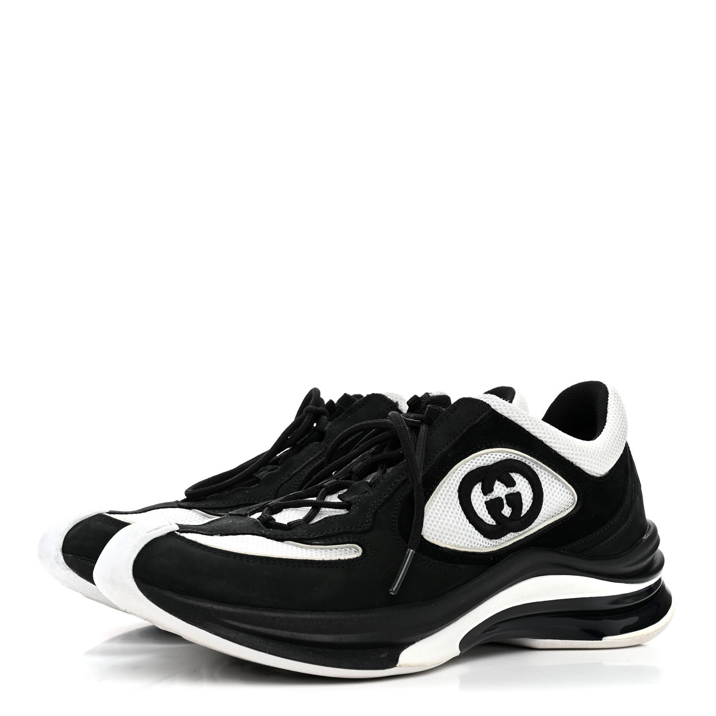 Technical Knit Fabric Suede Calfskin Womens Gucci Run Sneakers 39.5 Black White
