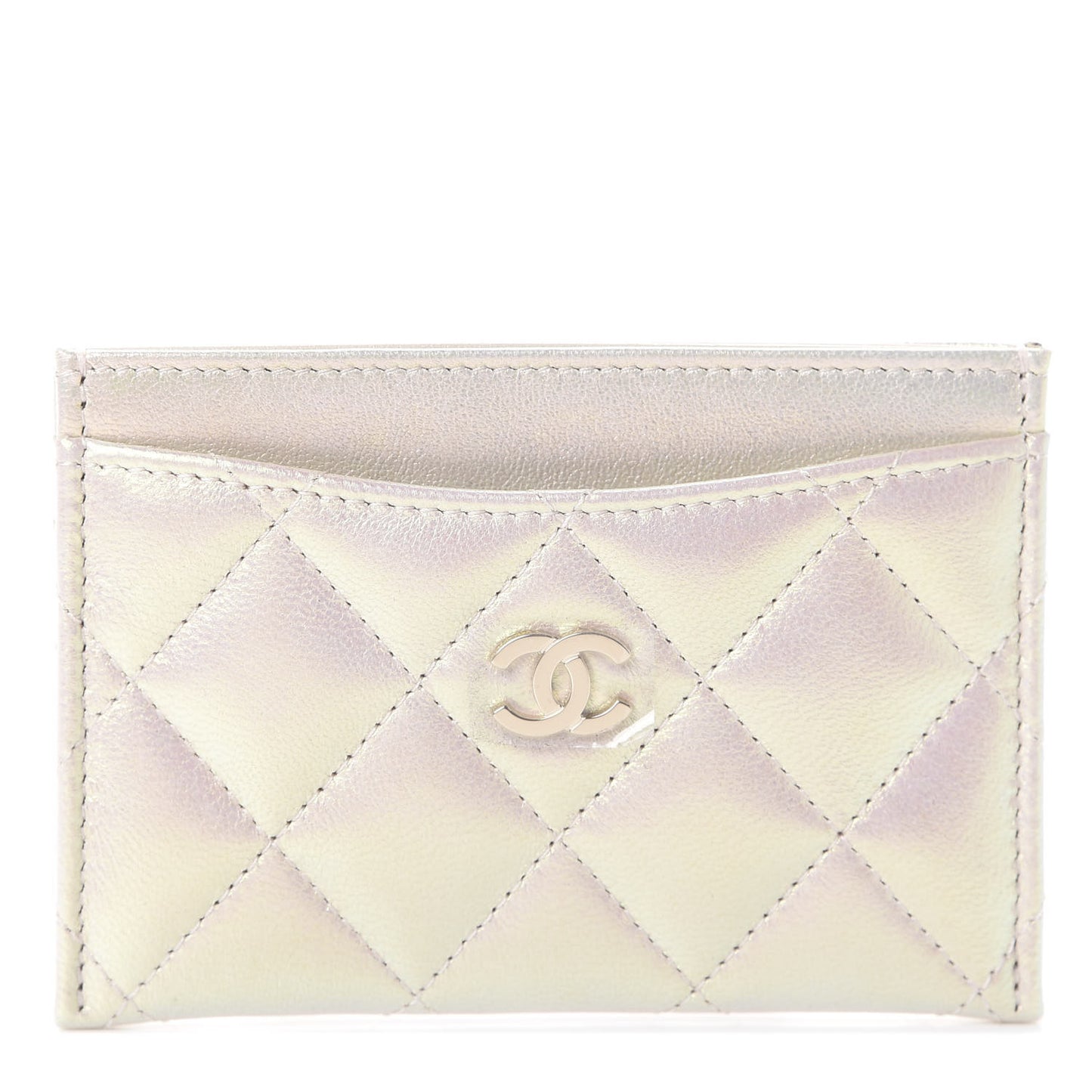 Iridescent Lambskin Quilted Card Holder Ivory