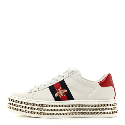 Gucci Calfskin Crystal Web Bee Embroidered Womens Ace Platform Sneakers 35.5 White 1 of 10