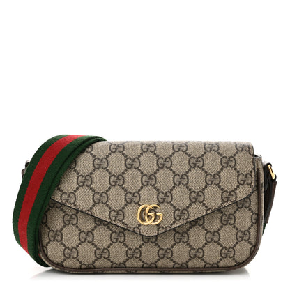 Gucci GG Supreme Monogram Textured Dollar Calfskin Web Mini Ophidia Envelope Shoulder Bag Beige Ebony 1 of 11