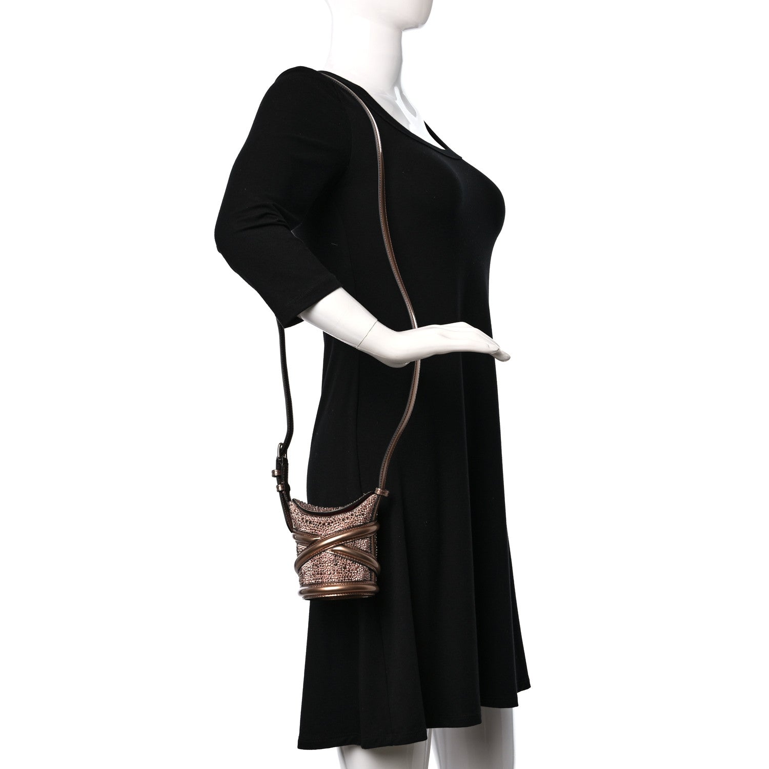 Alexander McQueen Metallic Calfskin Crystal Curve Bucket Bag Rose Gold 3 of 8
