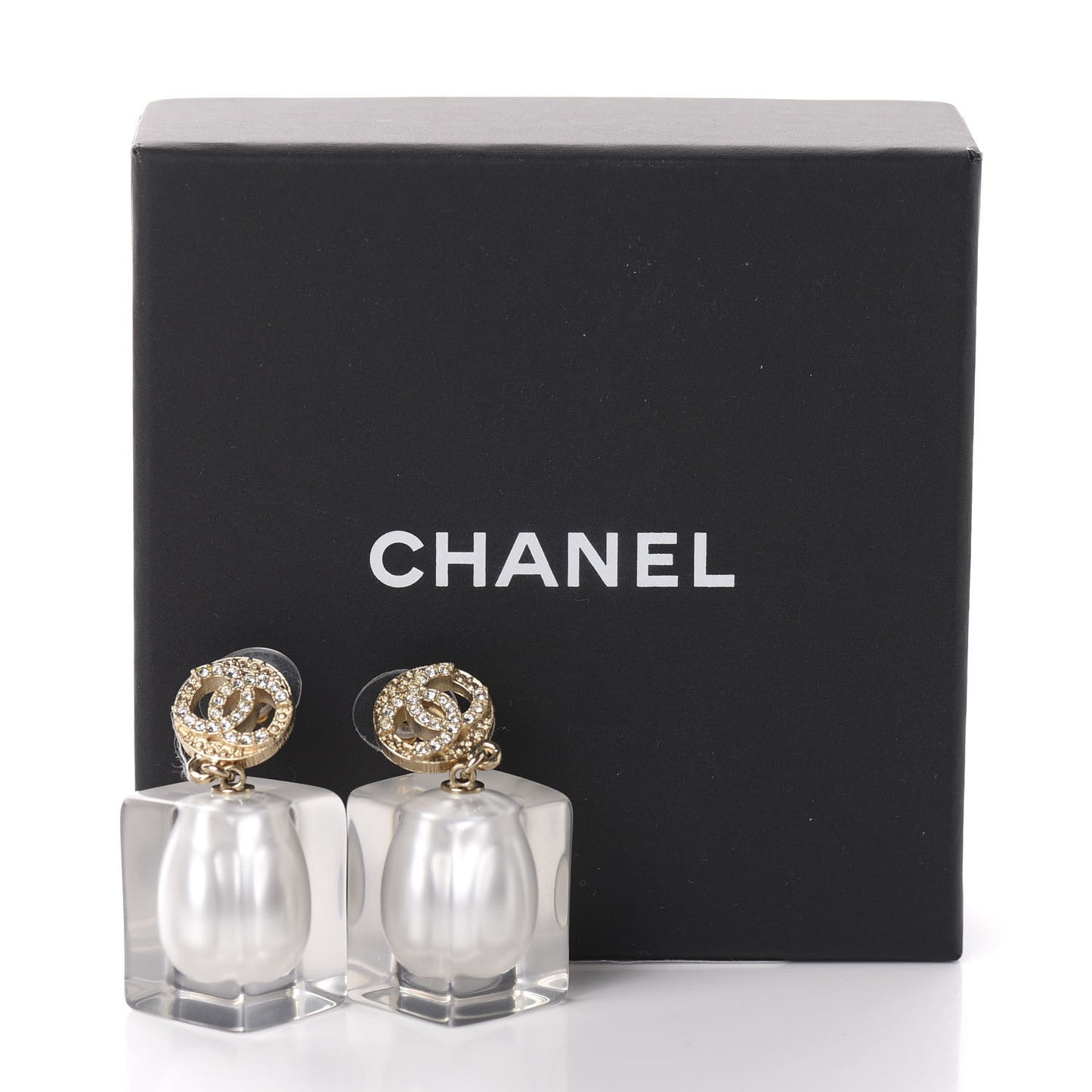 Crystal Lucite Pearl CC Drop Earrings Gold