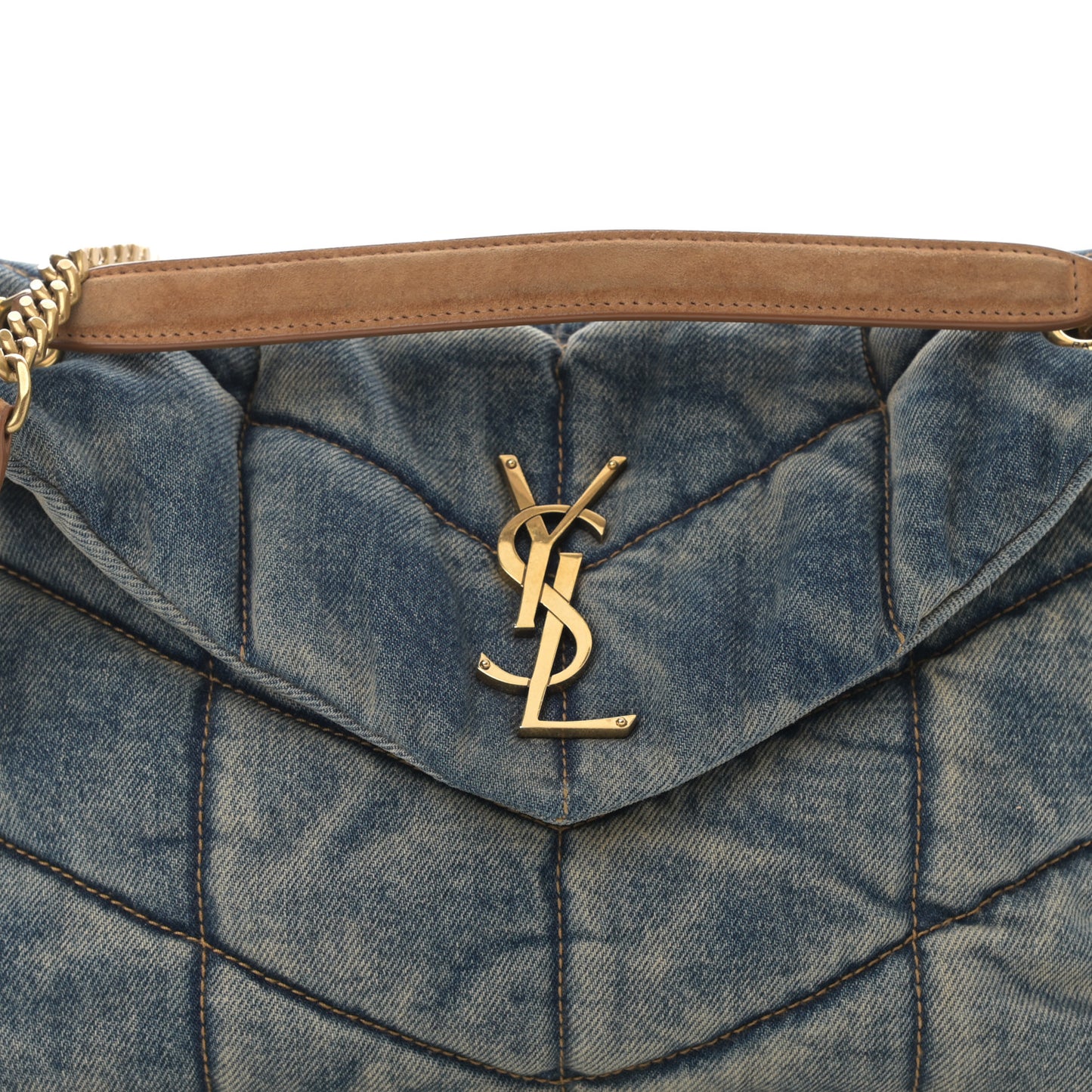 Denim Quilted Small Loulou Puffer Monogram Chain Satchel Blue Cinnamon