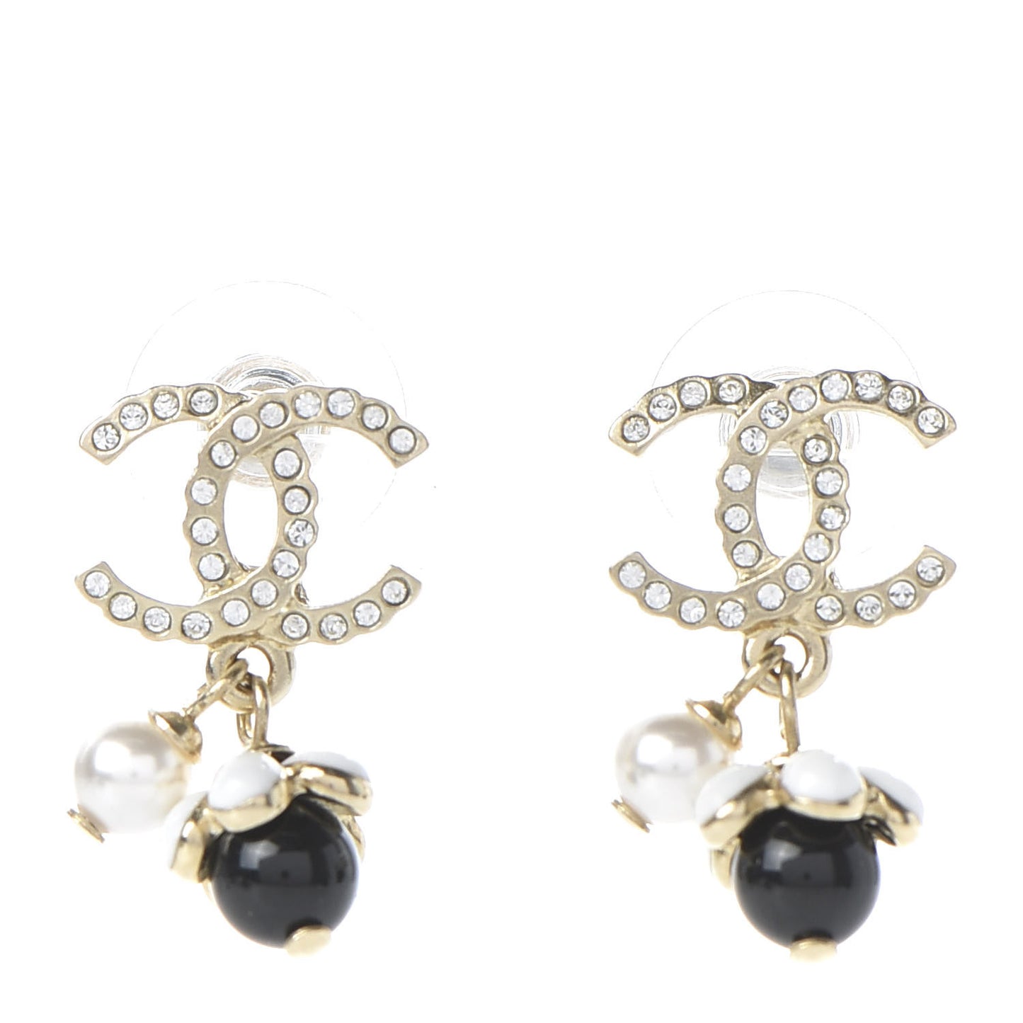 Crystal Bead Pearl CC Drop Earrings Gold White Black