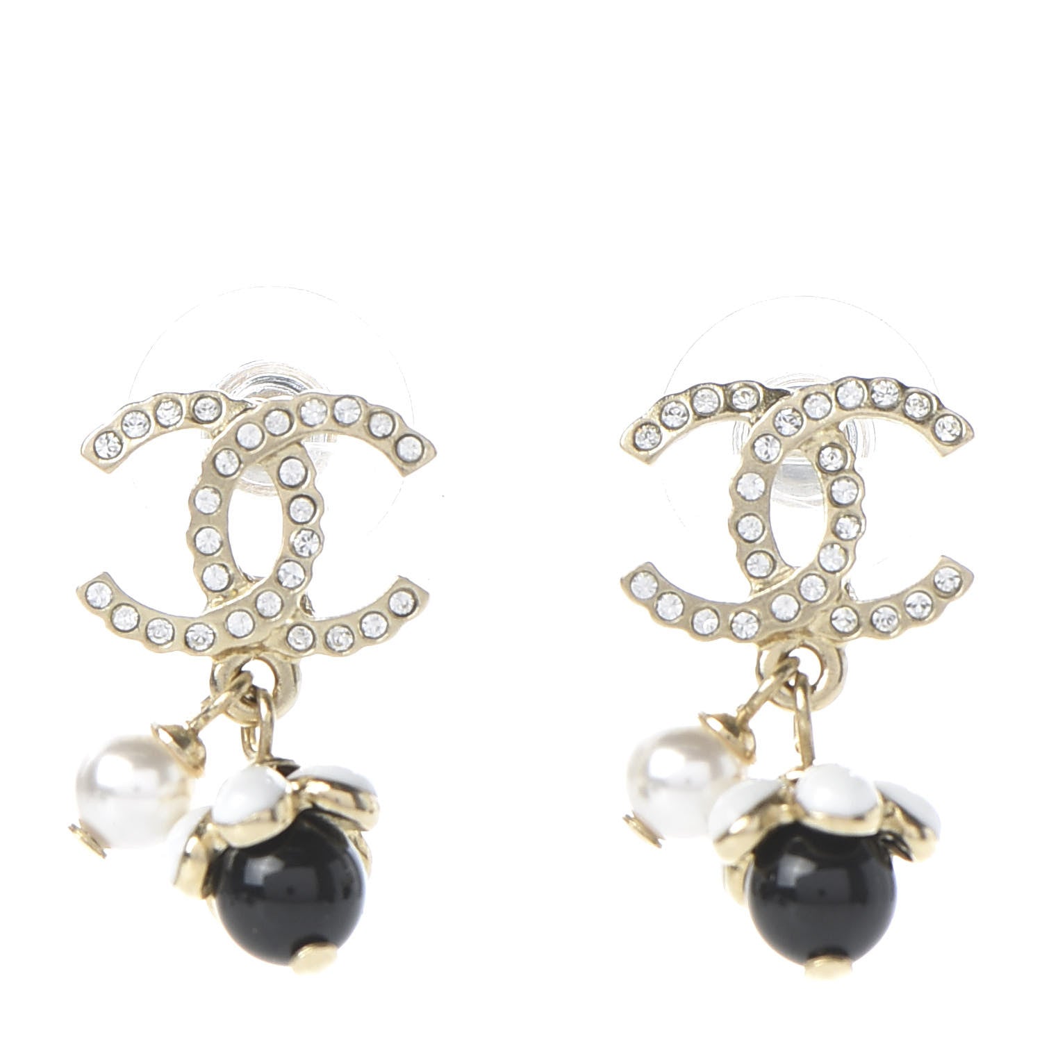 Chanel Crystal Bead Pearl CC Drop Earrings Gold White Black 1 of 5
